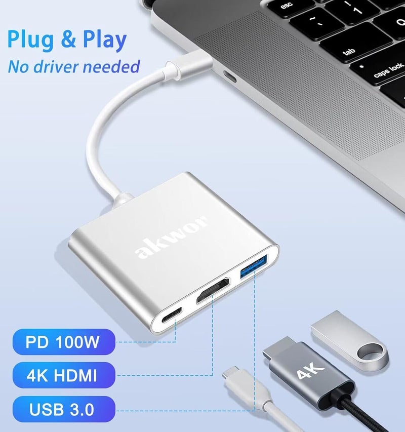 AKWOR محول USB C إلى HDMI 3 في 1 متعدد المنافذ، محول AV رقمي 4K مع USB 3.0 OTG PD 100W متوافق مع Thunderbolt 4/3 MacBook، iPad Air/Pro، إلى HDTV جهاز عرض شاشة - Image 2